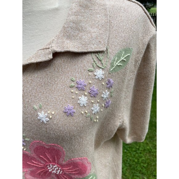 Alfred Dunner Womens 1X Beige Floral Embroidered Short Sleeve Knit Top With Coll - Picture 3 of 9